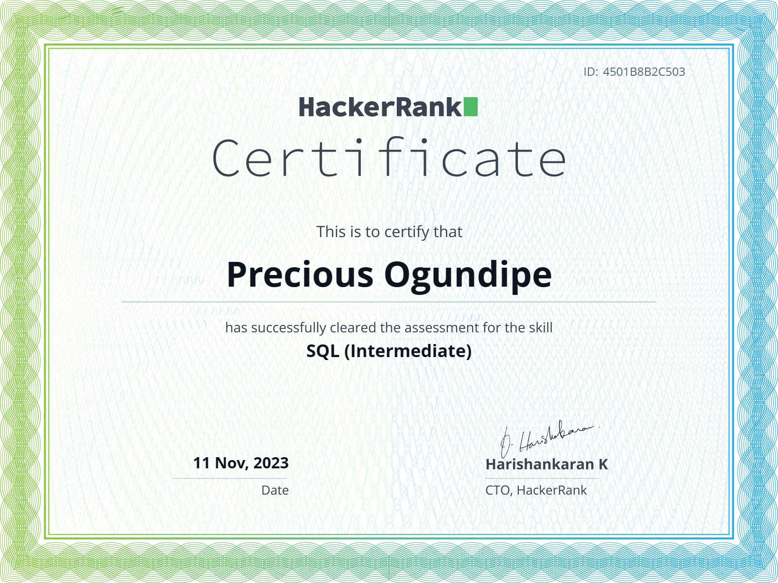 HackerRank SQL Intermediate certificate